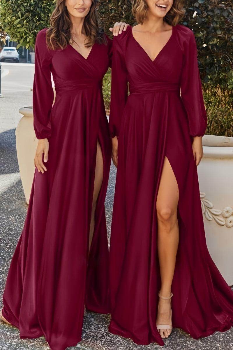 Burgundy Bridesmaid Dress with V-Neck & Long Sleeves CB0804 - COCOMELODY